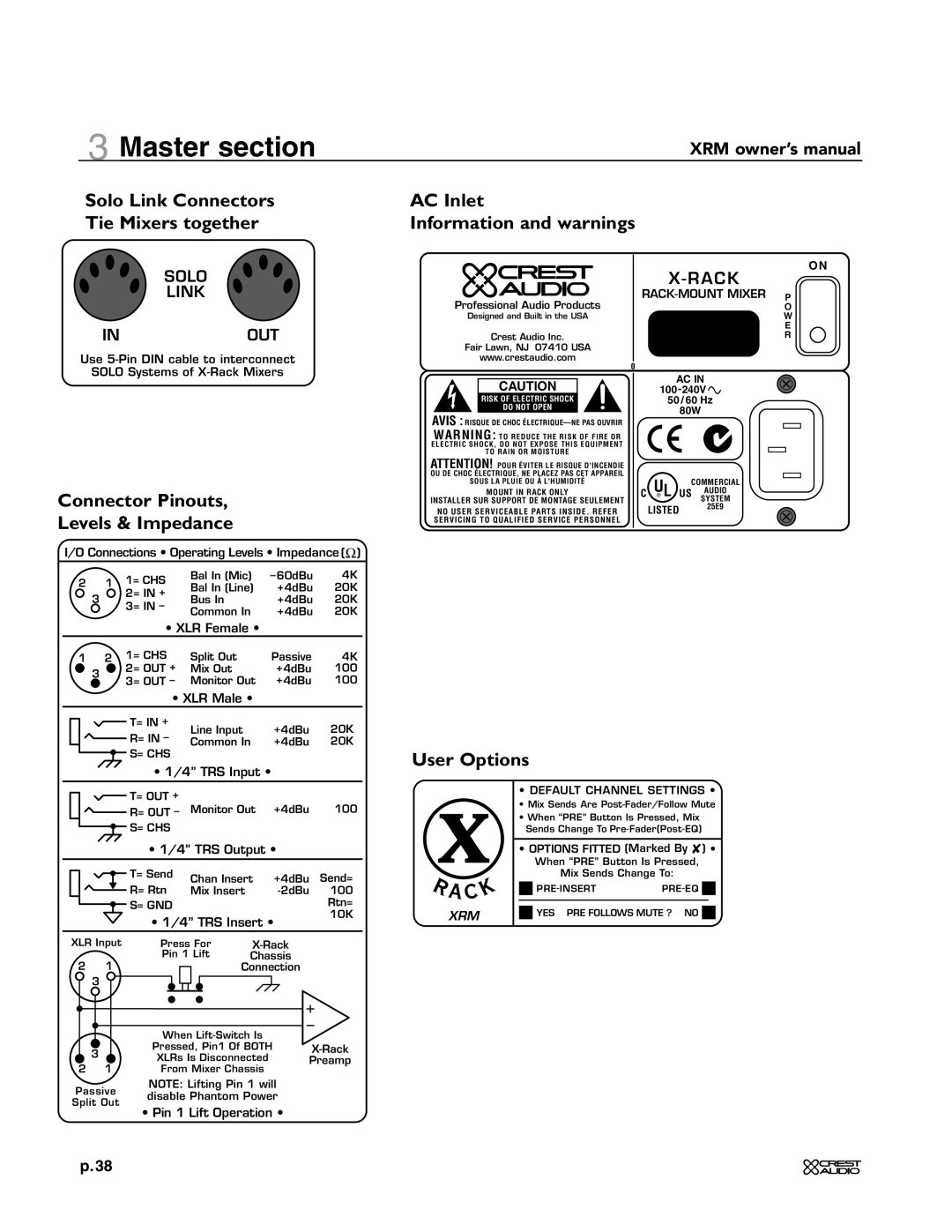 Crest Audio XRM - 12 owner manual Solo Link Connectors Tie Mixers together 