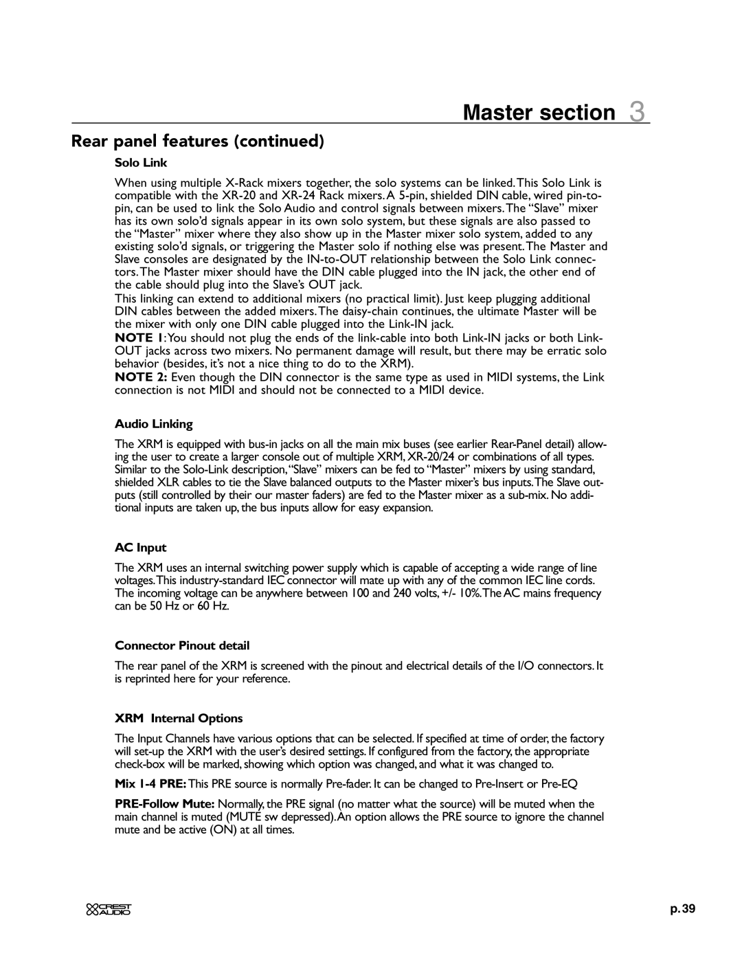 Crest Audio XRM - 12 owner manual Solo Link, Audio Linking, AC Input, Connector Pinout detail, XRM Internal Options 