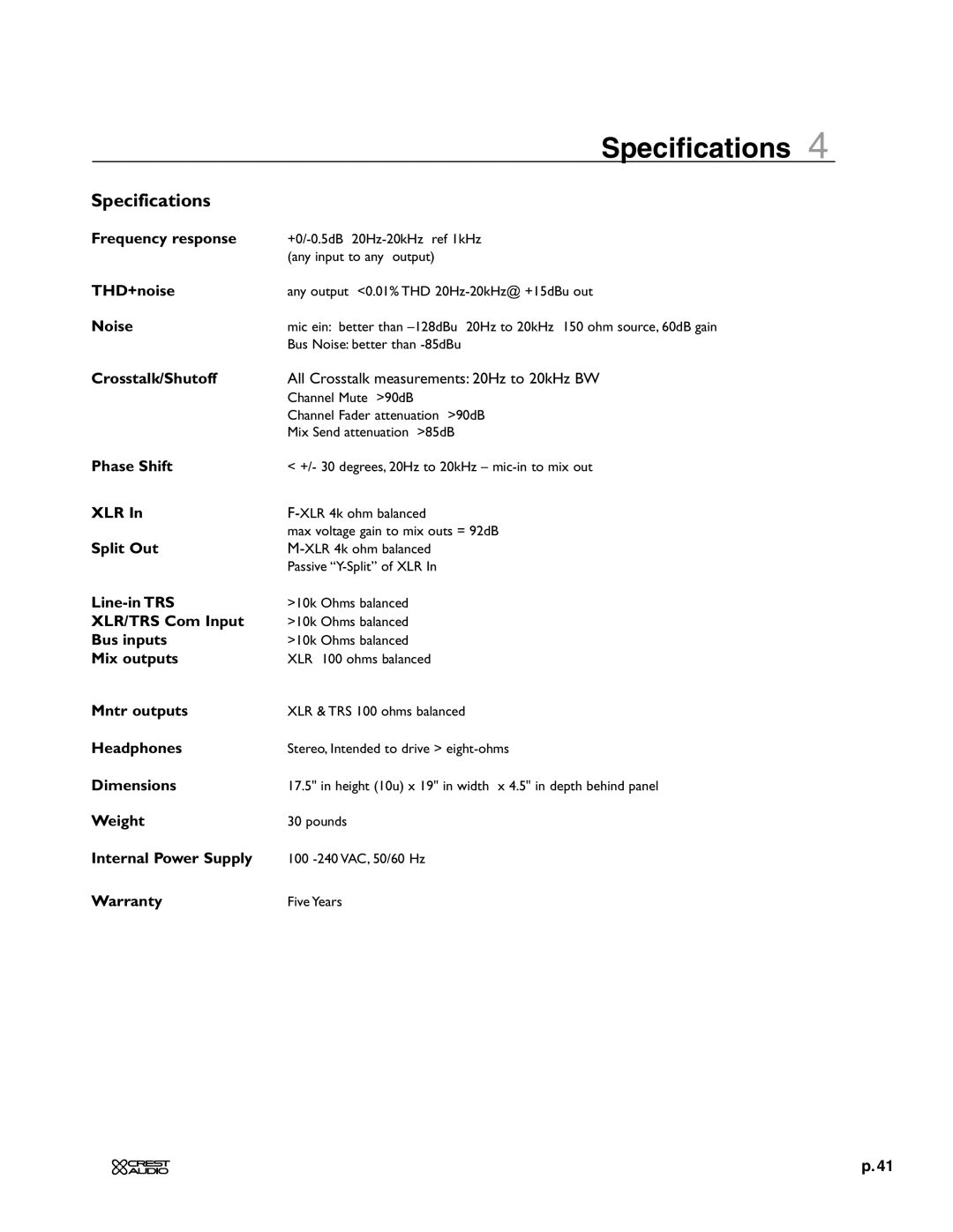 Crest Audio XRM - 12 owner manual Specifications 