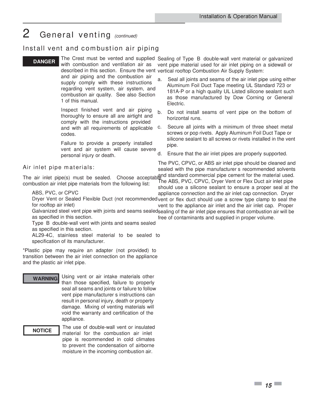 Crestron electronic 3.5, 2.5, 1.5 service manual Install vent and combustion air piping, Air inlet pipe materials 