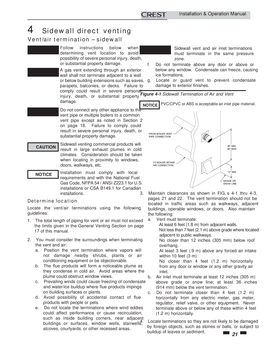 Crestron electronic 3.5, 2.5, 1.5 service manual Sidewall direct venting, Vent/air termination sidewall 