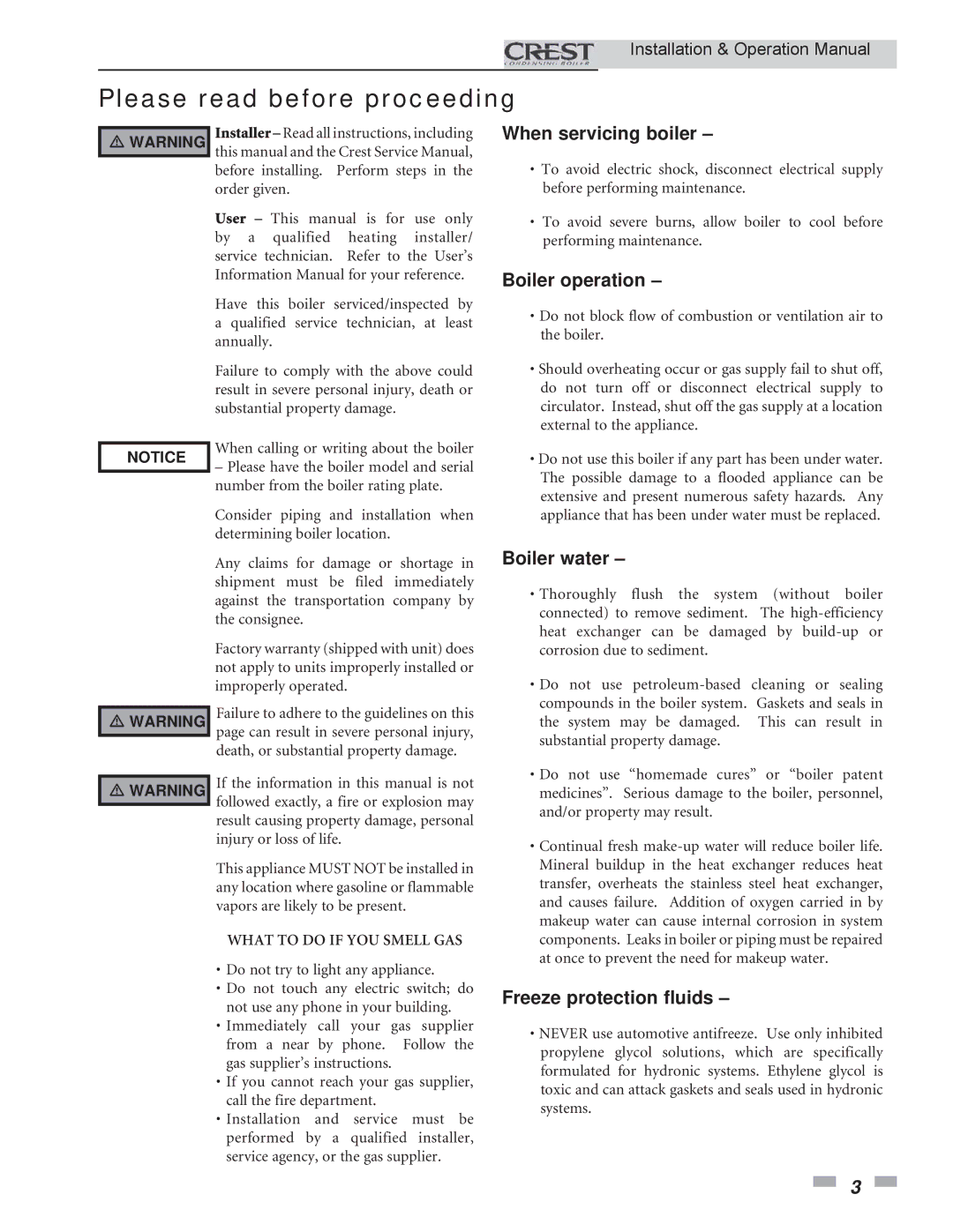 Crestron electronic 2.5, 3.5, 1.5 service manual Please read before proceeding, When servicing boiler 