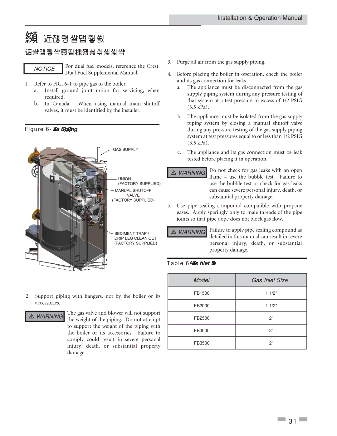 Crestron electronic 3.5, 2.5, 1.5 service manual Gas connections, Connecting gas supply piping, Model Gas Inlet Size 