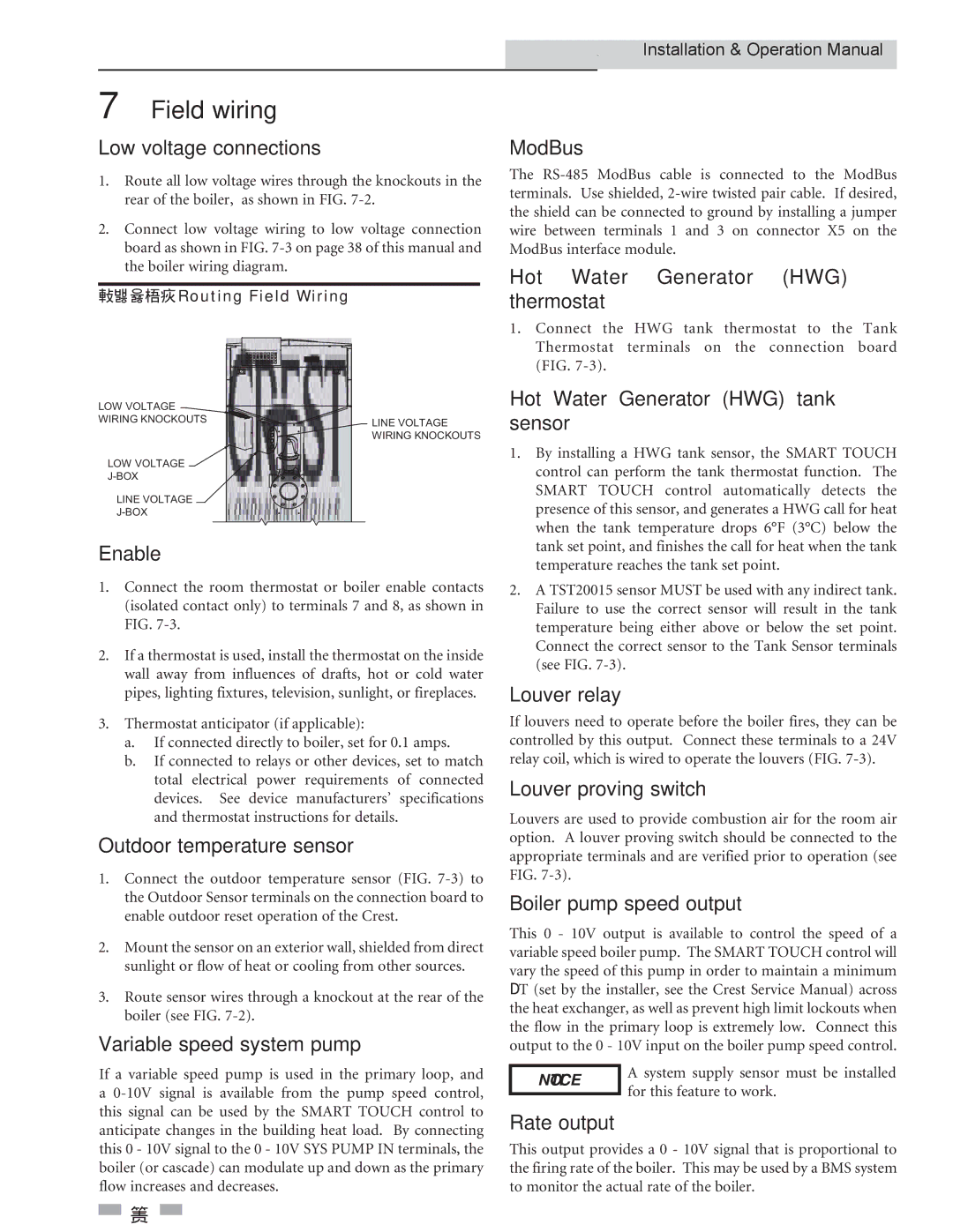 Crestron electronic 2, 3.5 Low voltage connections, Enable, Outdoor temperature sensor, Variable speed system pump, ModBus 