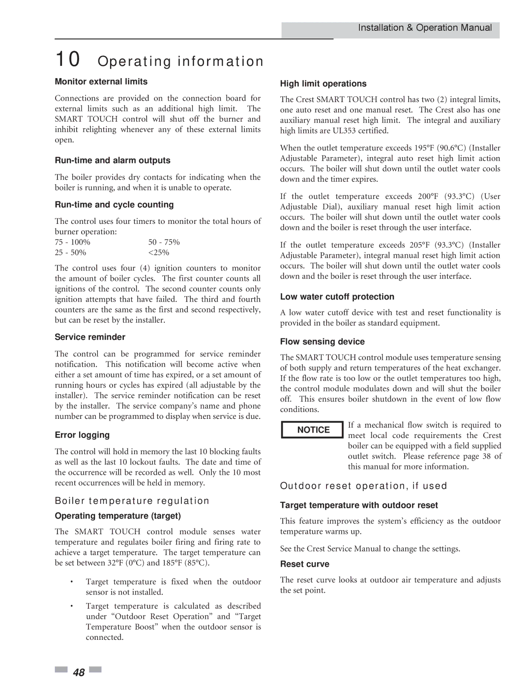 Crestron electronic 2.5, 3.5, 1.5 service manual Boiler temperature regulation, Outdoor reset operation, if used 