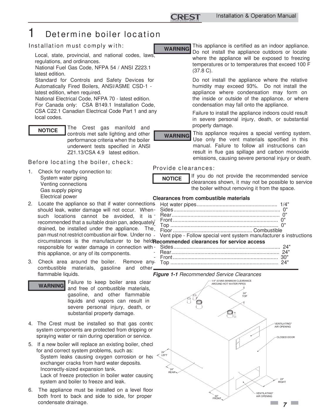 Crestron electronic 3.5, 2 Determine boiler location, Installation must comply with, Before locating the boiler, check 