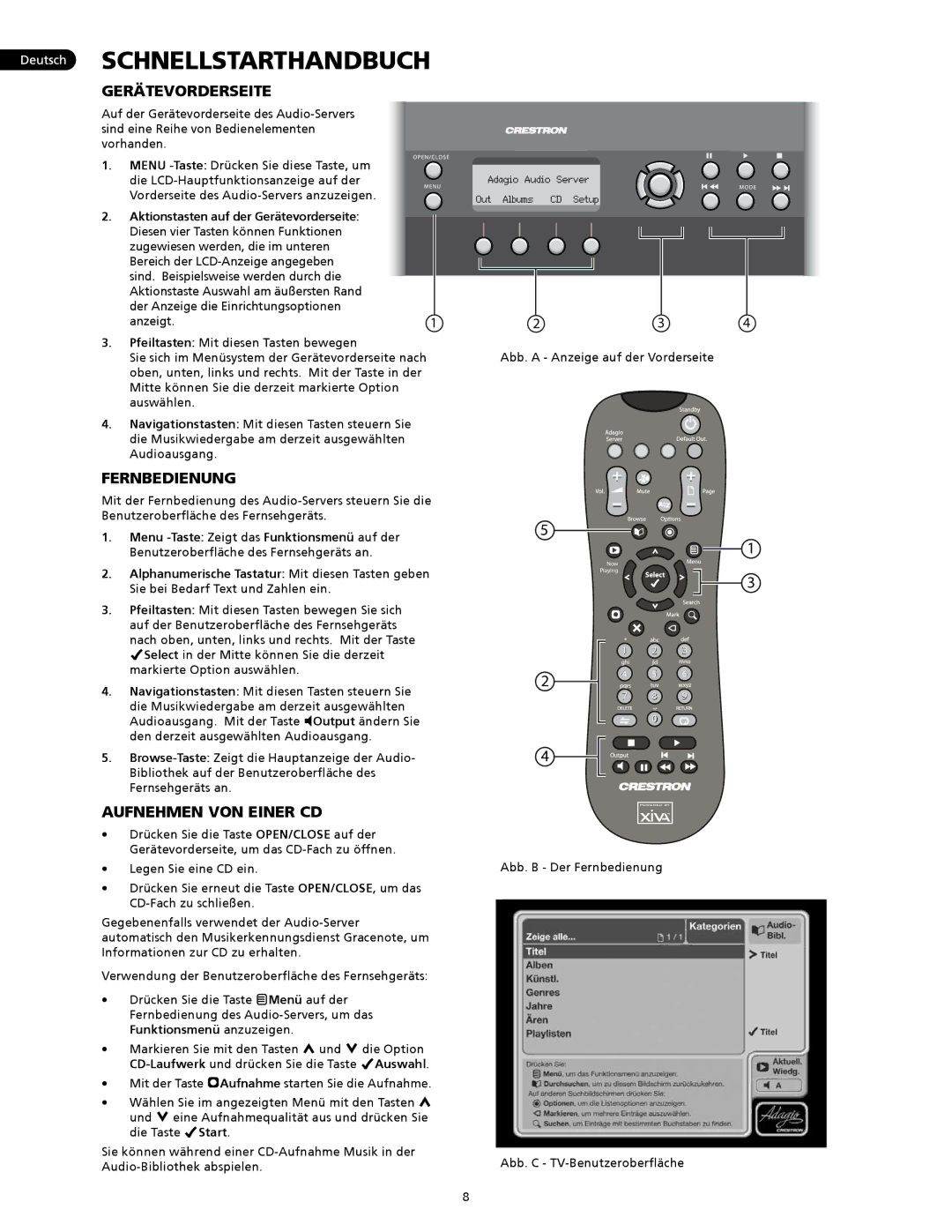 Crestron electronic AAS-2, AAS-4, AAS-1/2/4 manual Gerätevorderseite, Fernbedienung, Aufnehmen VON Einer CD 