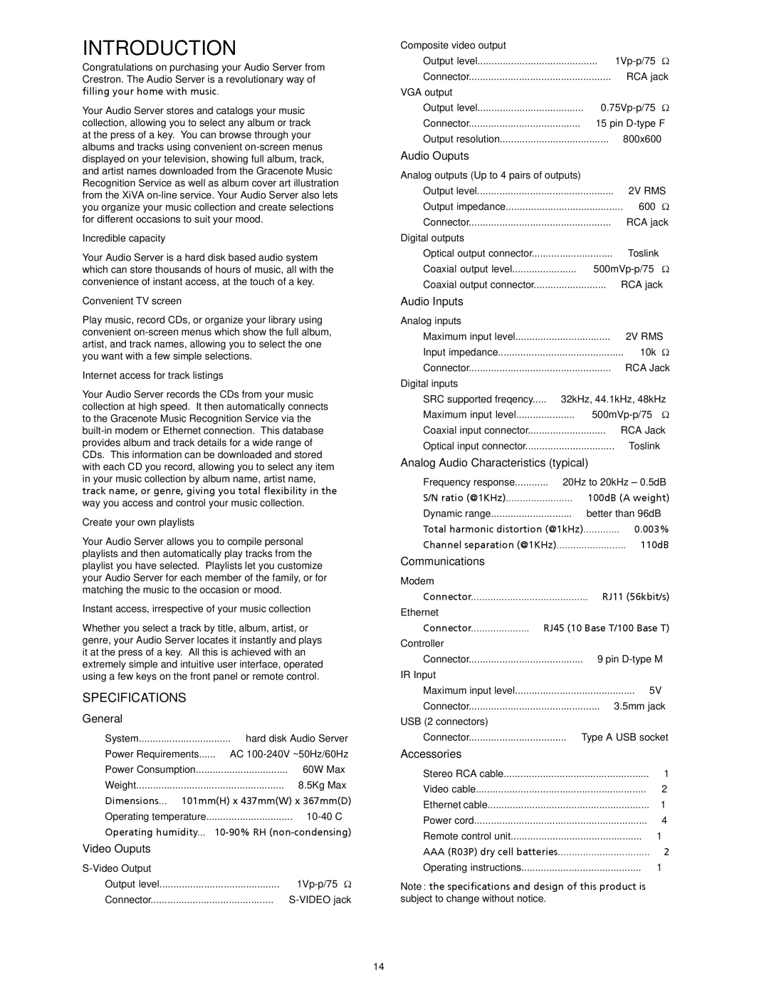 Crestron electronic AAS-4, AAS-2, AAS-1/2/4 manual Introduction, Specifications 