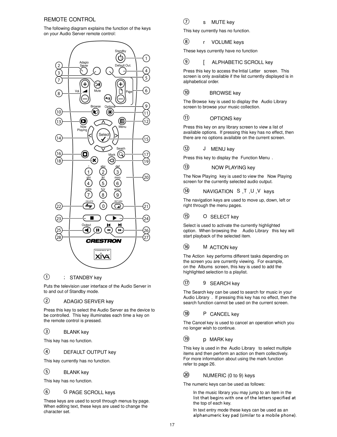 Crestron electronic AAS-1 Standby key, Adagio Server key, Blank key, Default Output key, Scroll keys, Mute key, Browse key 