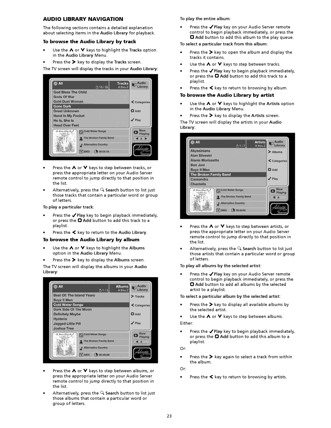 Crestron electronic AAS-1/2/4, AAS-2, AAS-4 manual Audio library navigation, To browse the Audio Library by track 