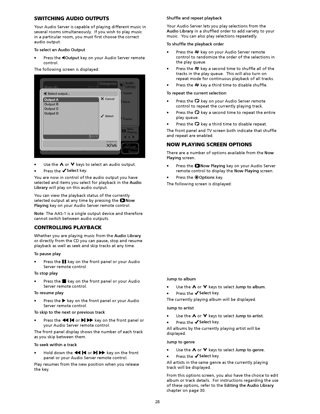 Crestron electronic AAS-2, AAS-4, AAS-1/2/4 Switching audio outputs, Controlling playback, Now playing screen options 