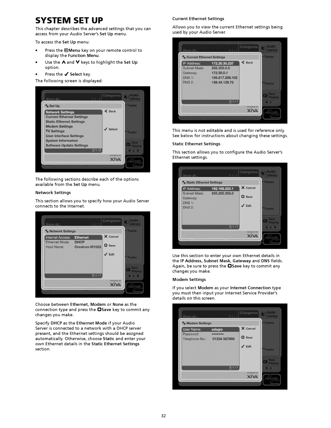 Crestron electronic AAS-2, AAS-1 manual System set up, Network Settings, Current Ethernet Settings, Static Ethernet Settings 