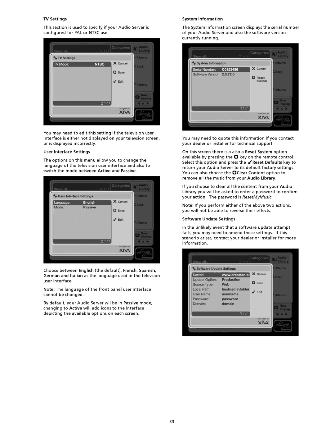 Crestron electronic AAS-1, AAS-2, AAS-4 TV Settings, User Interface Settings, System Information, Software Update Settings 