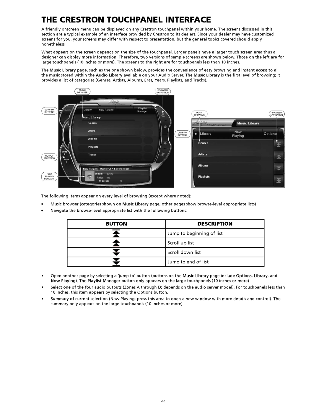 Crestron electronic AAS-2, AAS-4, AAS-1/2/4 manual Crestron Touchpanel Interface, Button Description 