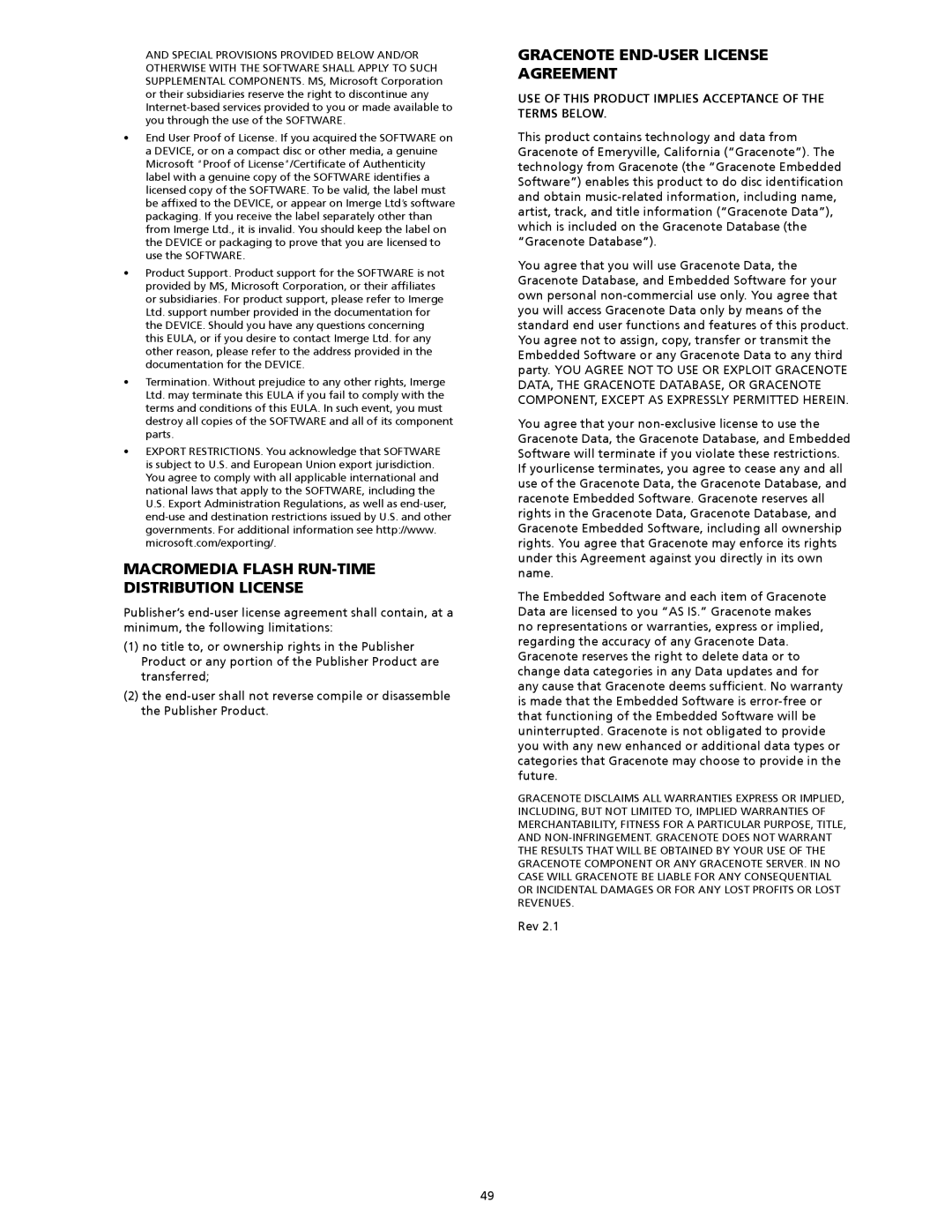 Crestron electronic AAS-1, AAS-2 manual Macromedia Flash Run-Time Distribution License, Gracenote End-User License Agreement 