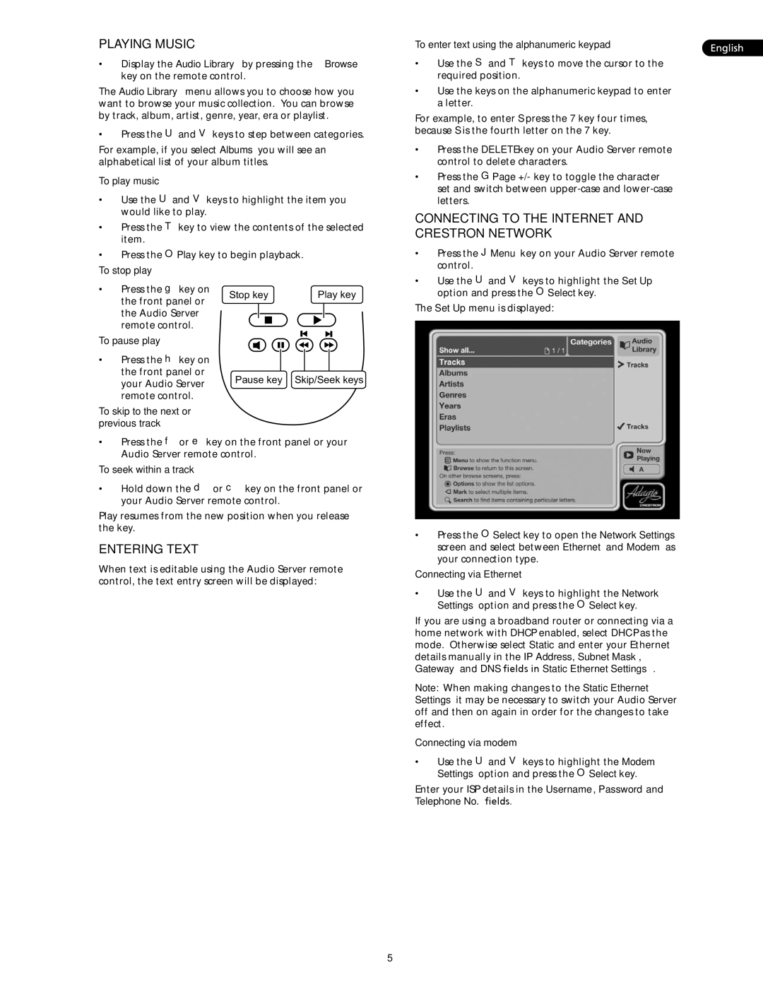 Crestron electronic AAS-1, AAS-2, AAS-4 manual Playing music, Connecting to the internet and crestron network, Entering text 