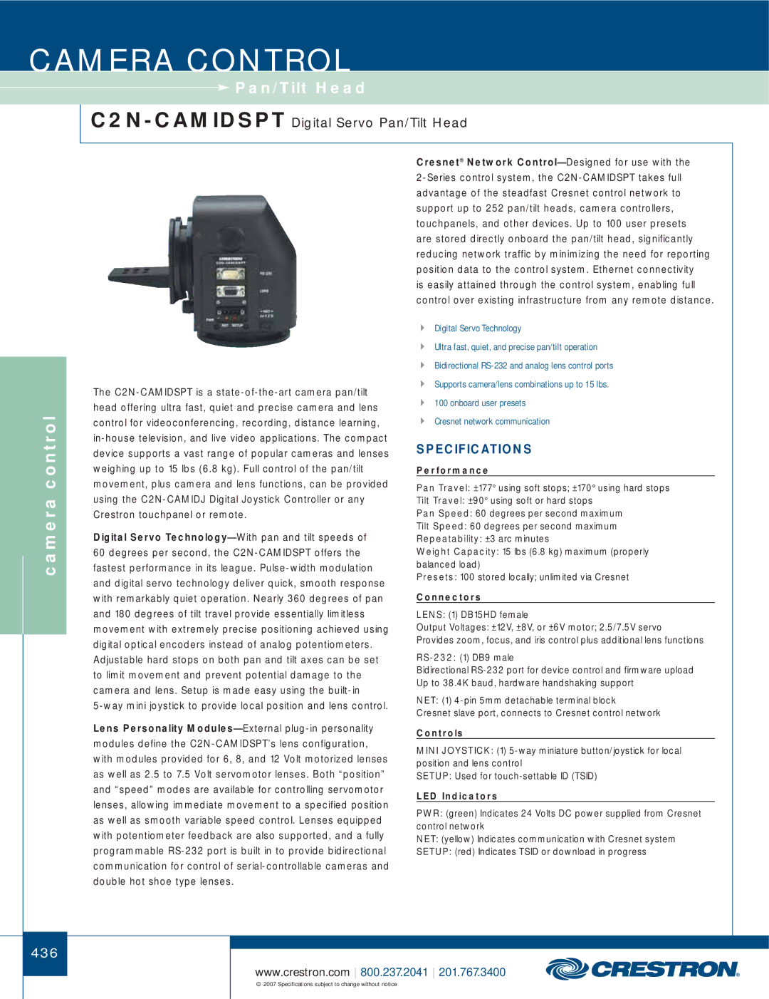 Crestron electronic C2N-CAMIDJ manual C2N-CAMIDSPTDigital Servo Pan/Tilt Head, Performance, Controls 