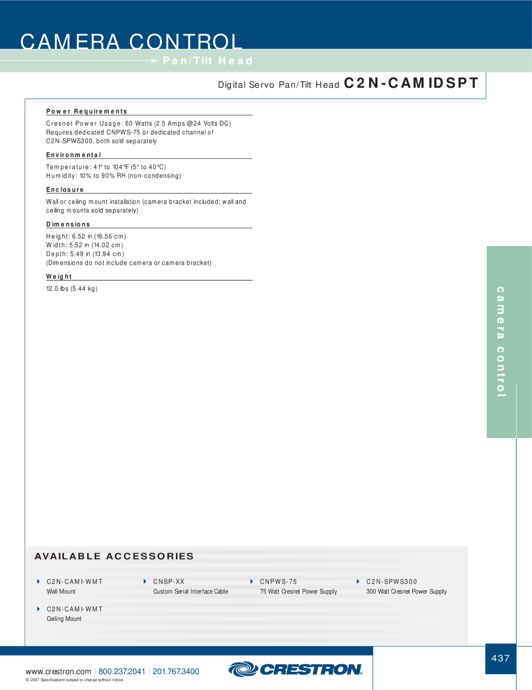 Crestron electronic C2N-CAMIDJ manual Digital Servo Pan/Tilt Head C2N-CAMIDSPT, Available Accessories 