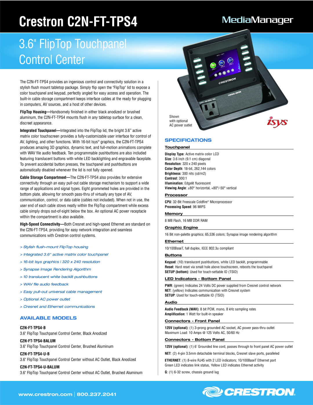 Crestron electronic C2N-FT-TPS4 specifications Available Models, Specifications 