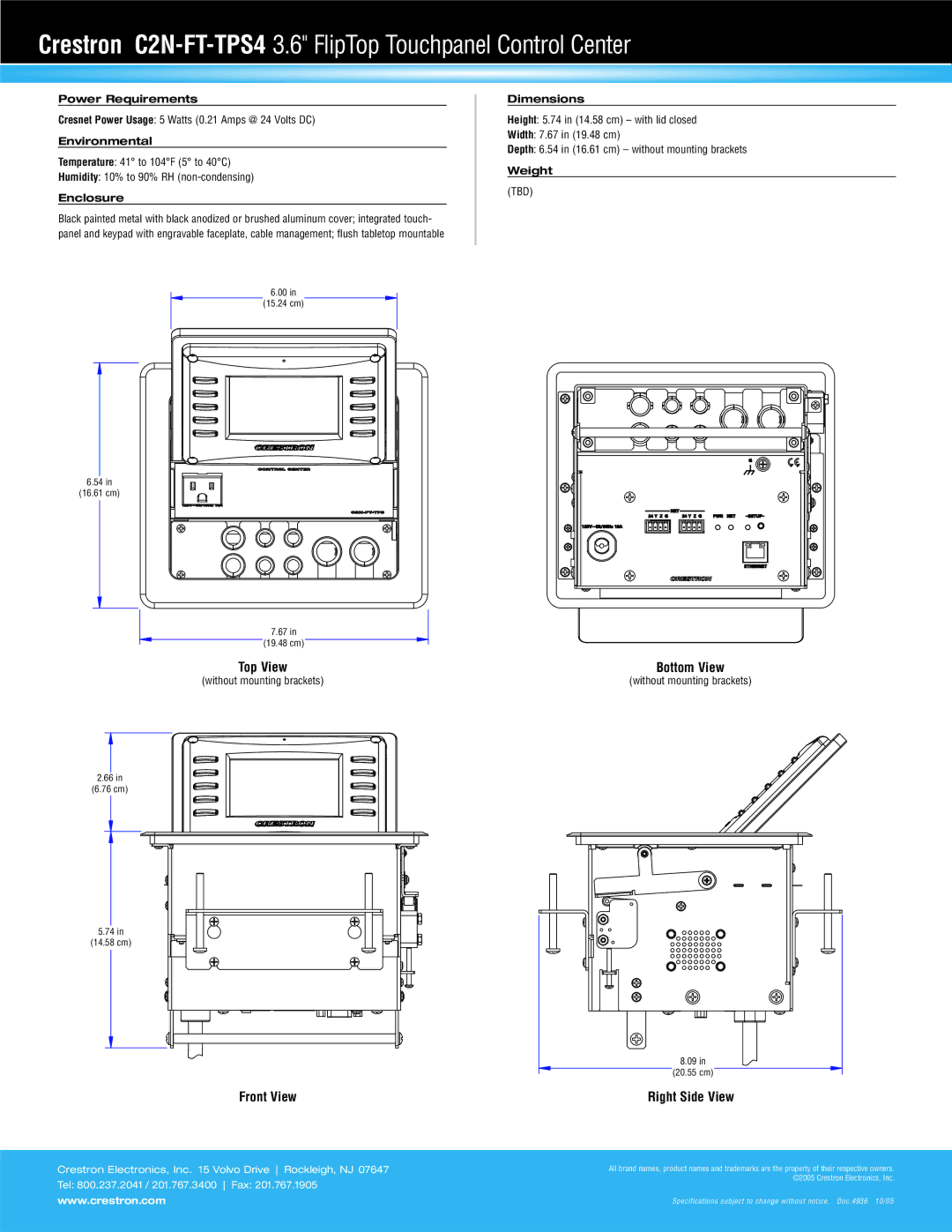 Crestron electronic C2N-FT-TPS4 specifications Front View, Right Side View 