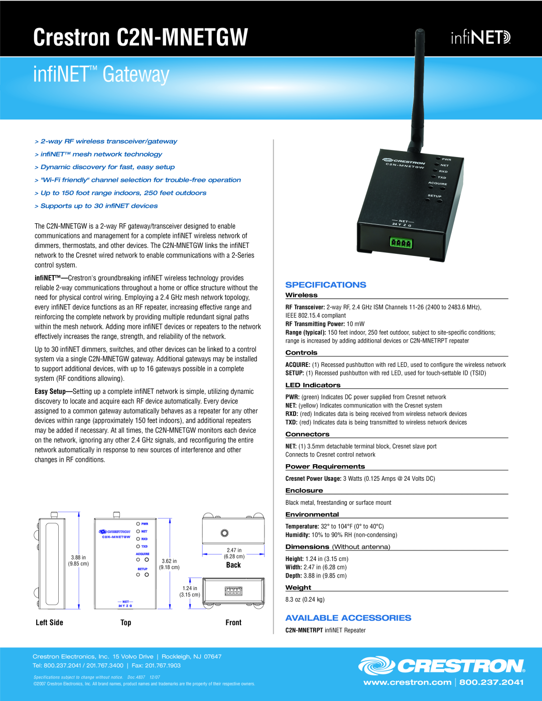 Crestron electronic specifications Crestron C2N-MNETGW, infiNET Gateway, Specifications, Available Accessories 
