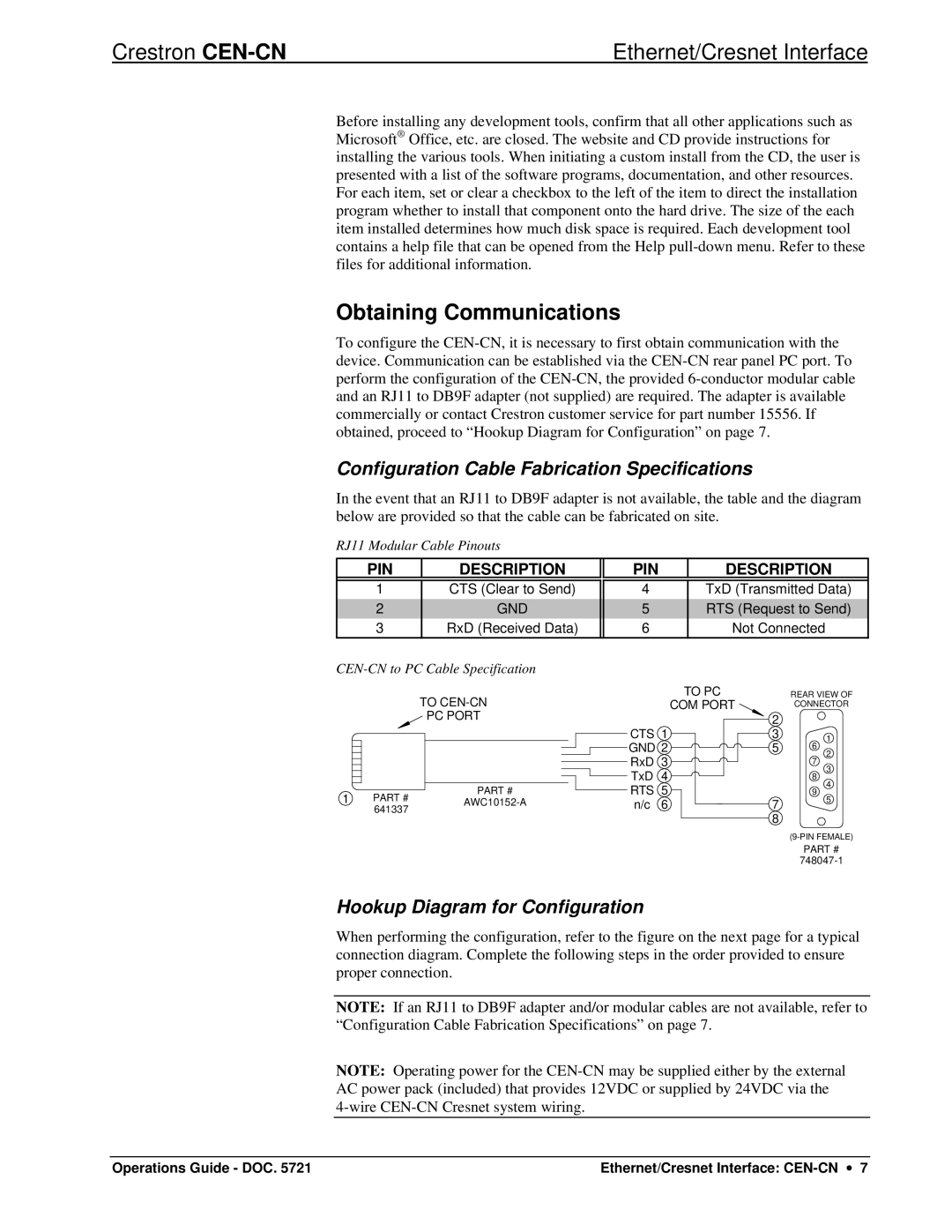 Crestron electronic CEN-CN manual Obtaining Communications, Configuration Cable Fabrication Specifications 