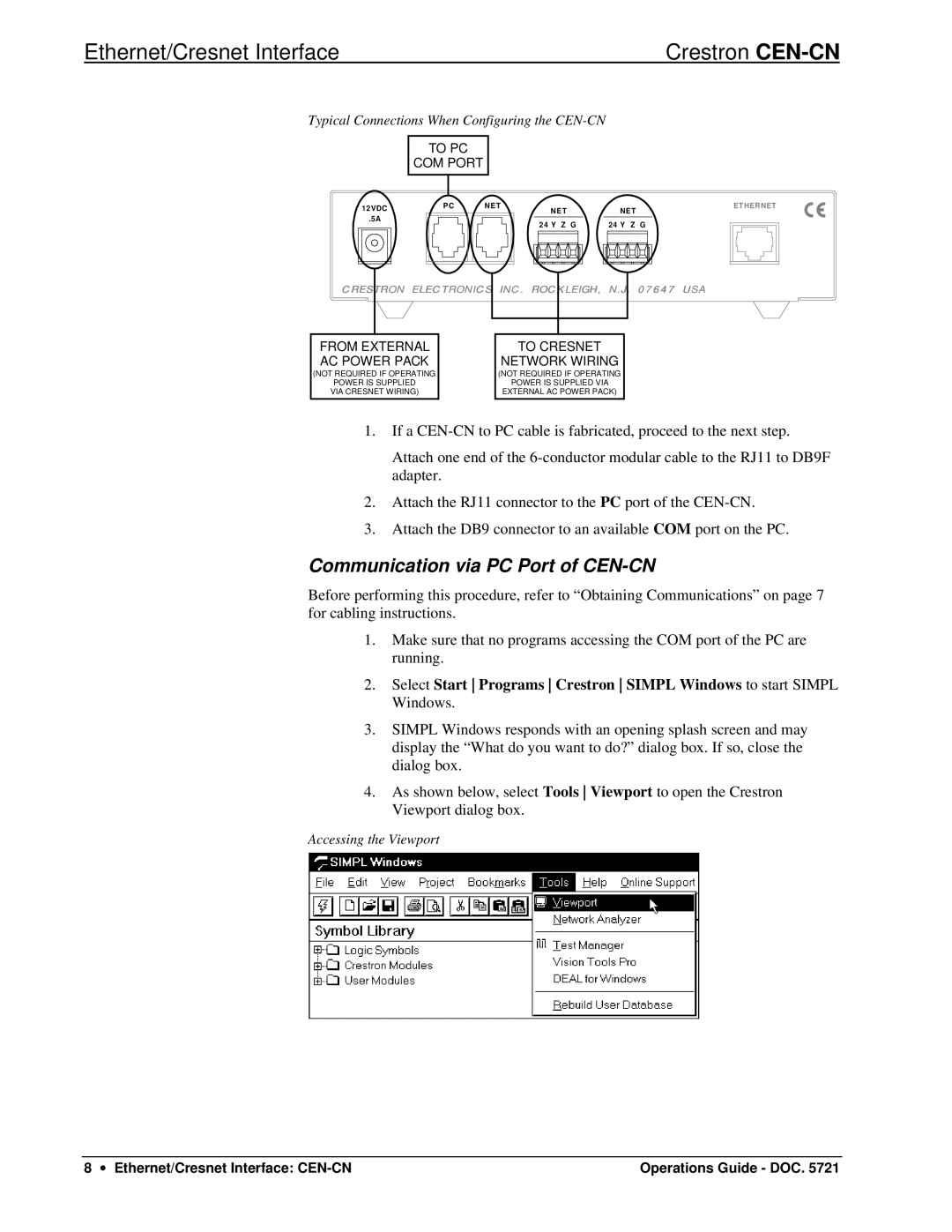 Crestron electronic manual Communication via PC Port of CEN-CN, Typical Connections When Configuring the CEN-CN 