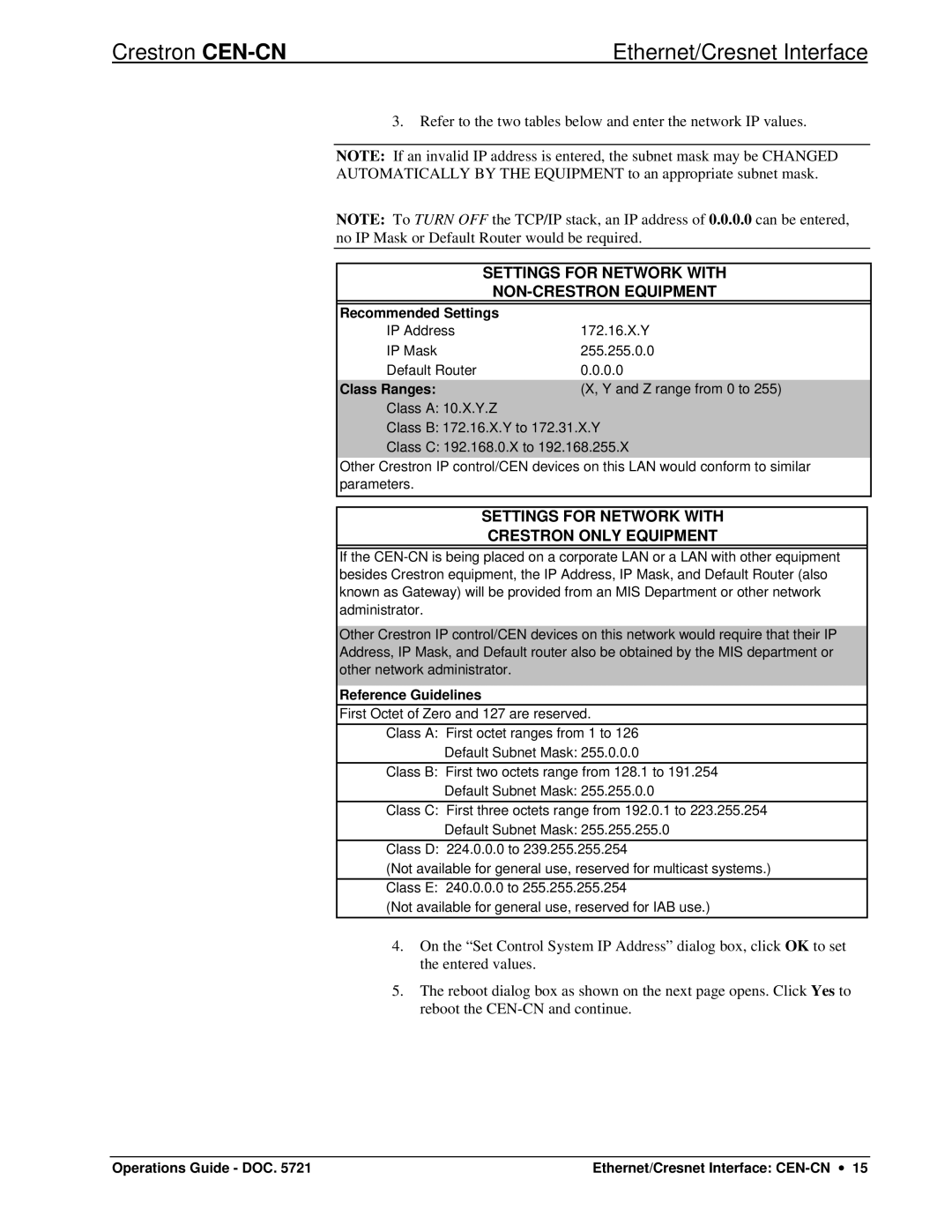 Crestron electronic CEN-CN manual Settings for Network with 