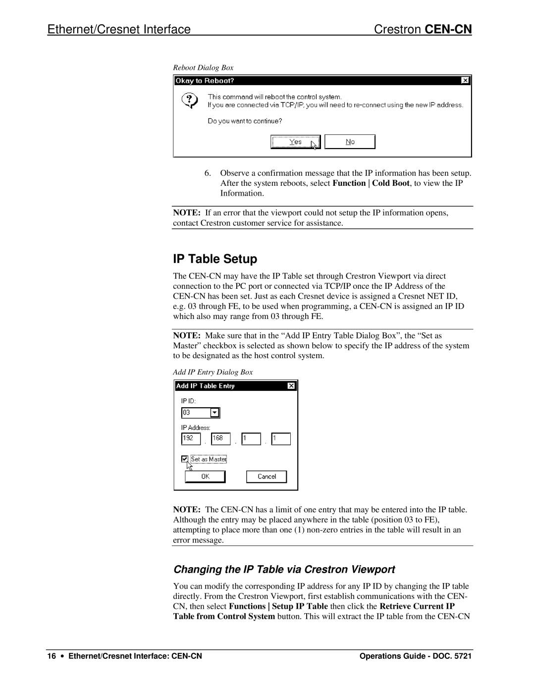 Crestron electronic CEN-CN manual IP Table Setup, Changing the IP Table via Crestron Viewport 