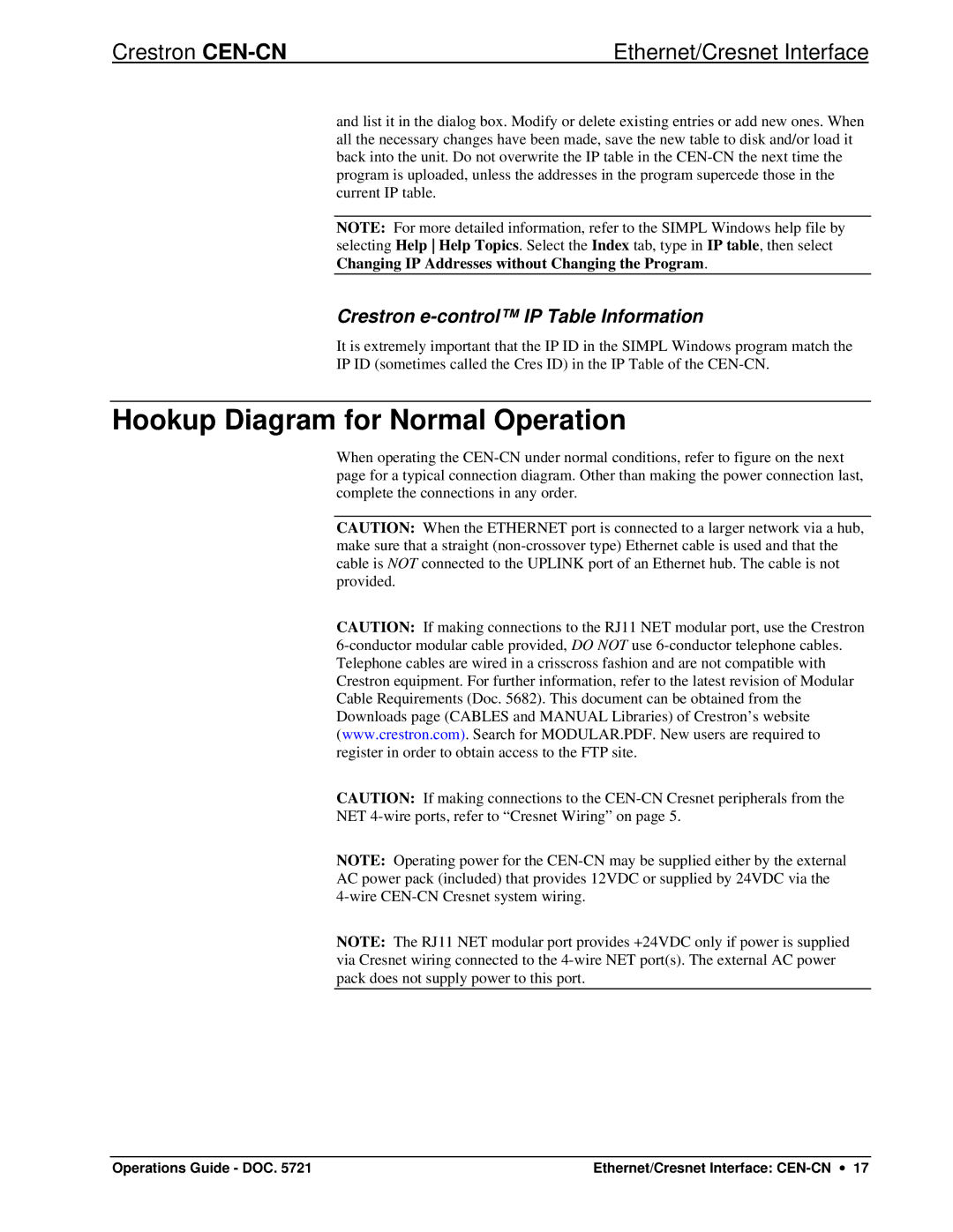 Crestron electronic CEN-CN manual Hookup Diagram for Normal Operation, Crestron e-control IP Table Information 