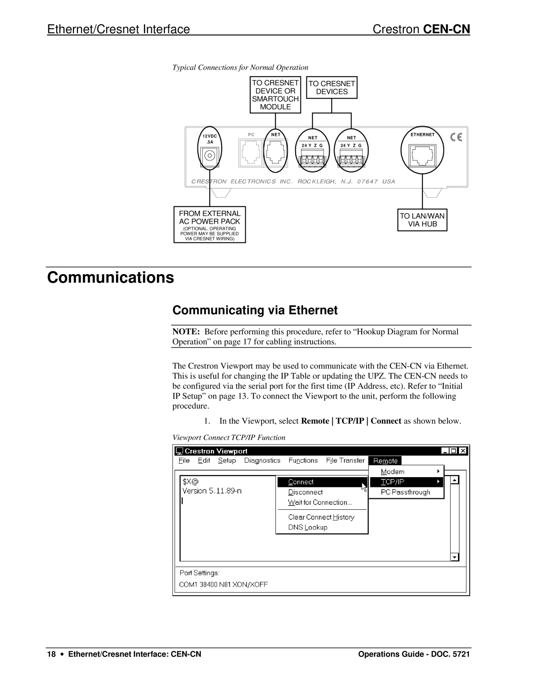 Crestron electronic CEN-CN manual Communications, Communicating via Ethernet 