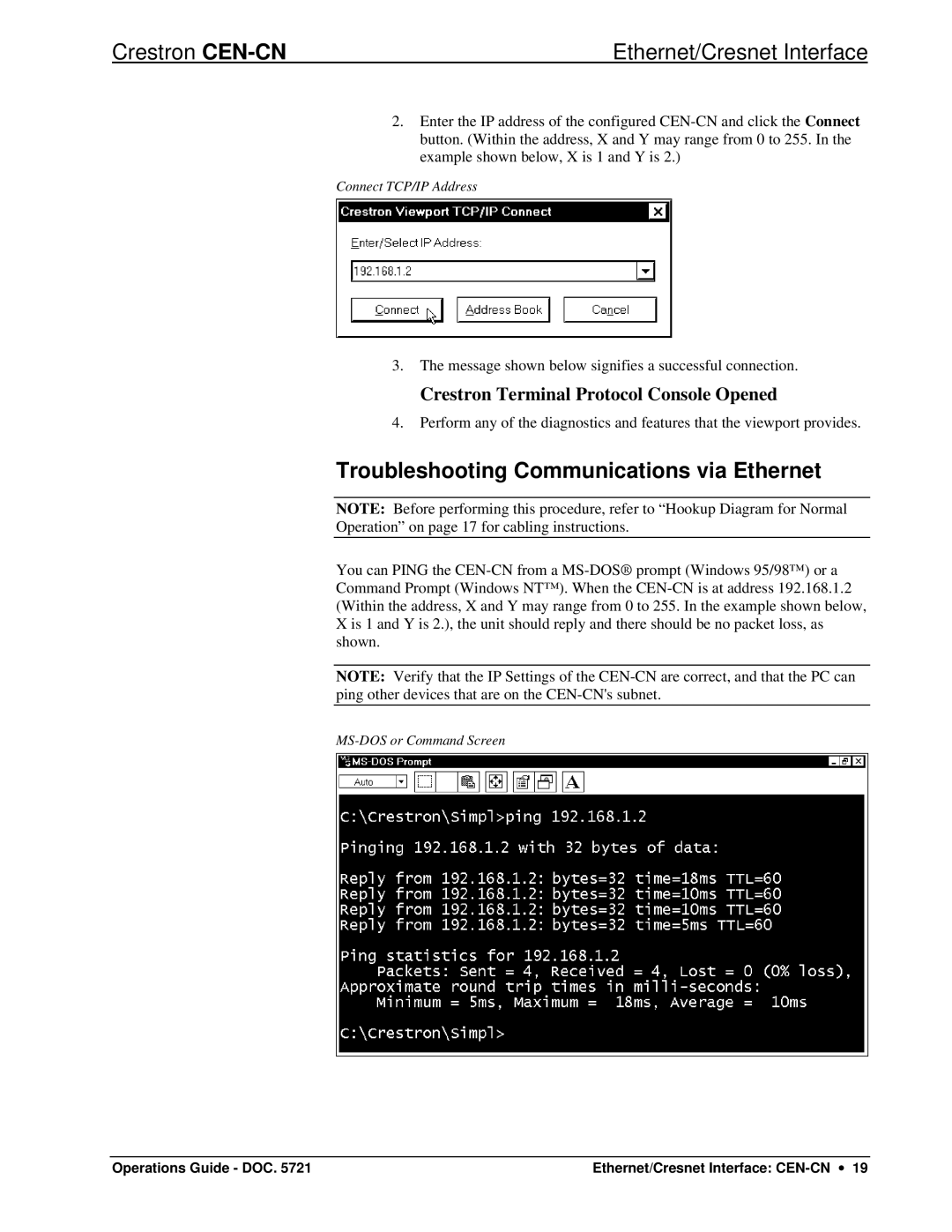 Crestron electronic CEN-CN manual Troubleshooting Communications via Ethernet 