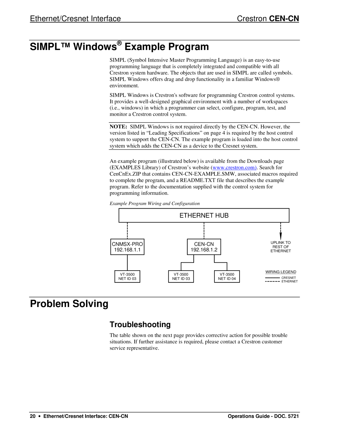 Crestron electronic CEN-CN manual Simpl Windows Example Program, Problem Solving, Troubleshooting 