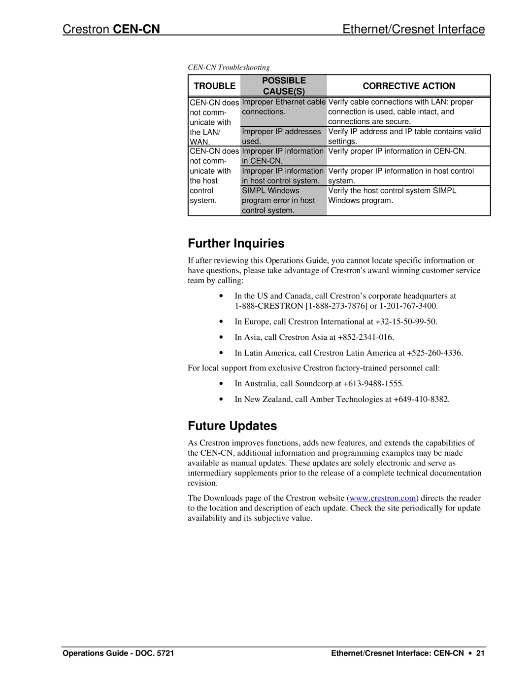 Crestron electronic CEN-CN manual Further Inquiries, Future Updates 