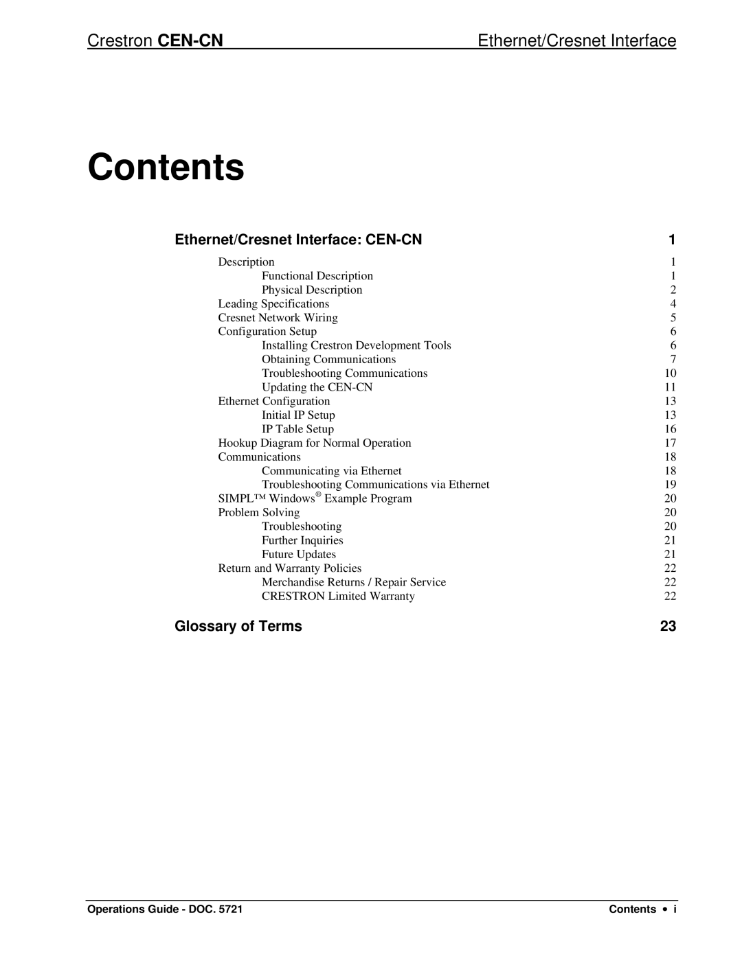 Crestron electronic CEN-CN manual Contents 