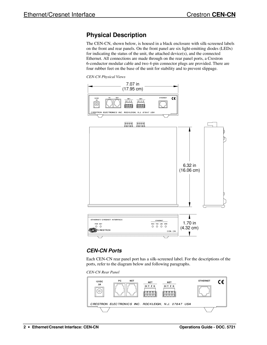 Crestron electronic manual Physical Description, CEN-CN Ports 