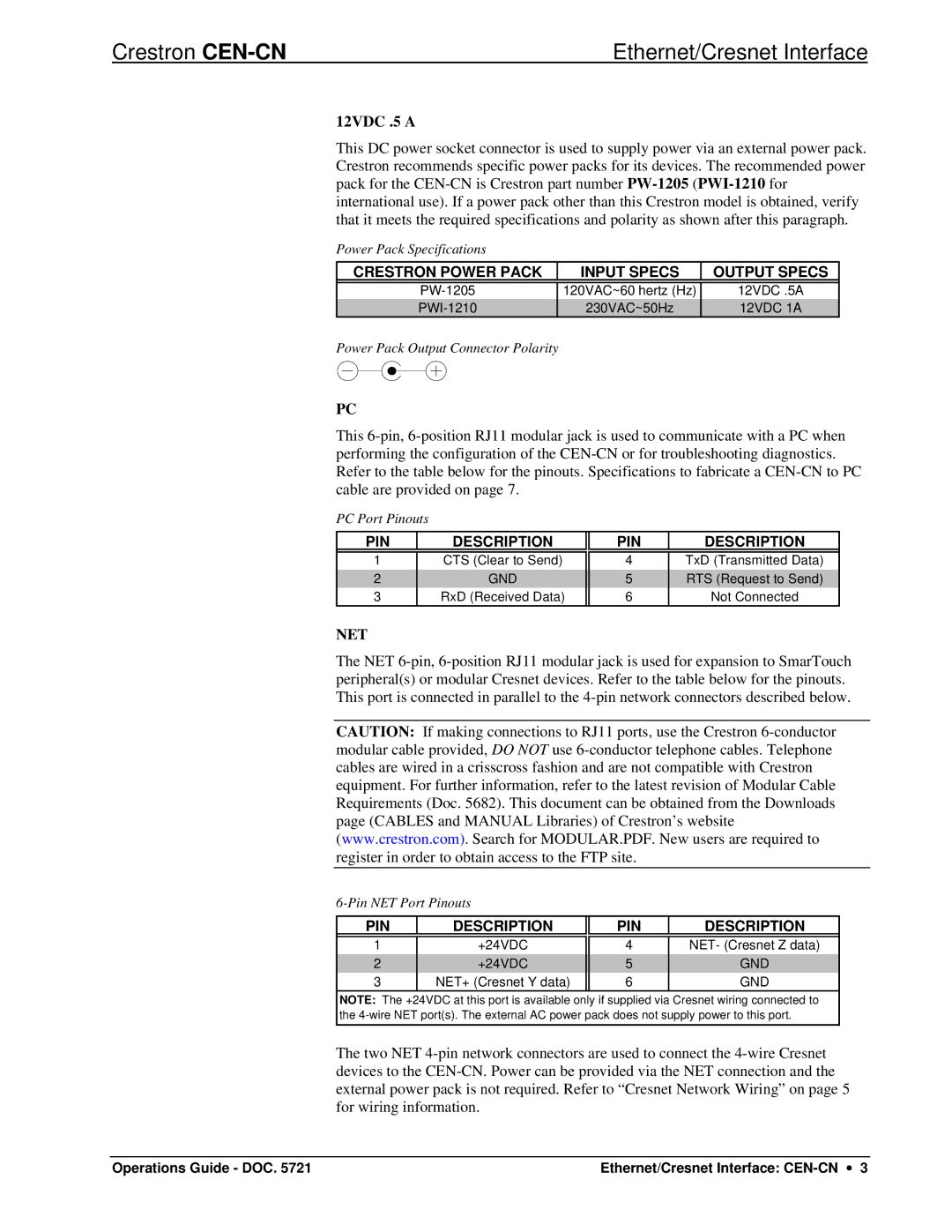 Crestron electronic CEN-CN manual 12VDC .5 a, Net 