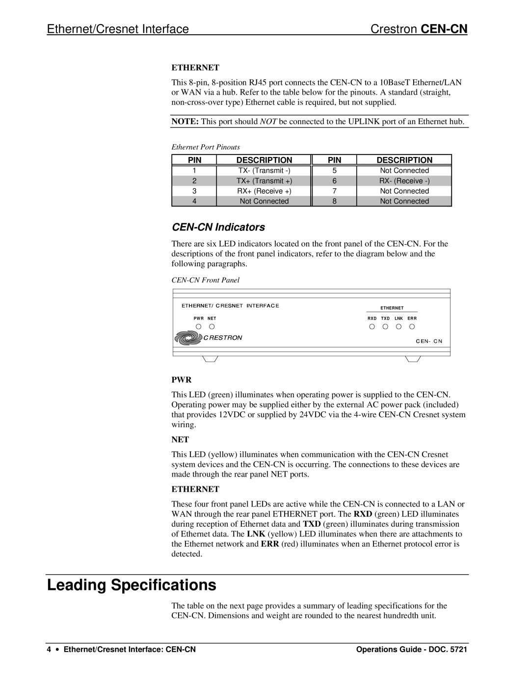 Crestron electronic manual Leading Specifications, CEN-CN Indicators, Ethernet, Pwr 