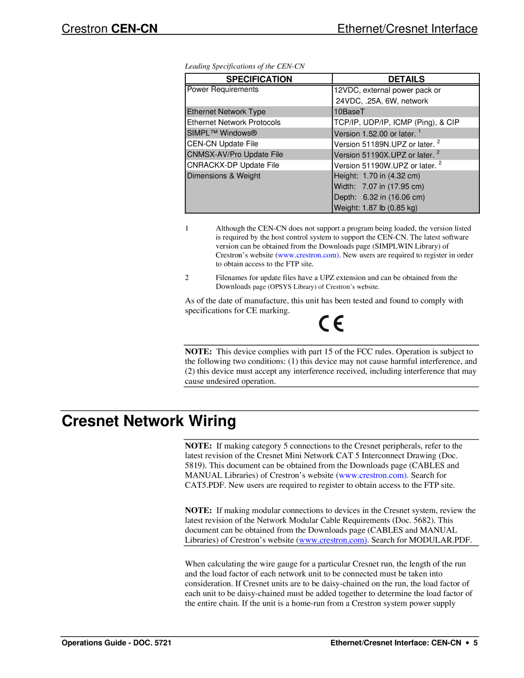 Crestron electronic CEN-CN manual Cresnet Network Wiring, Specification Details 