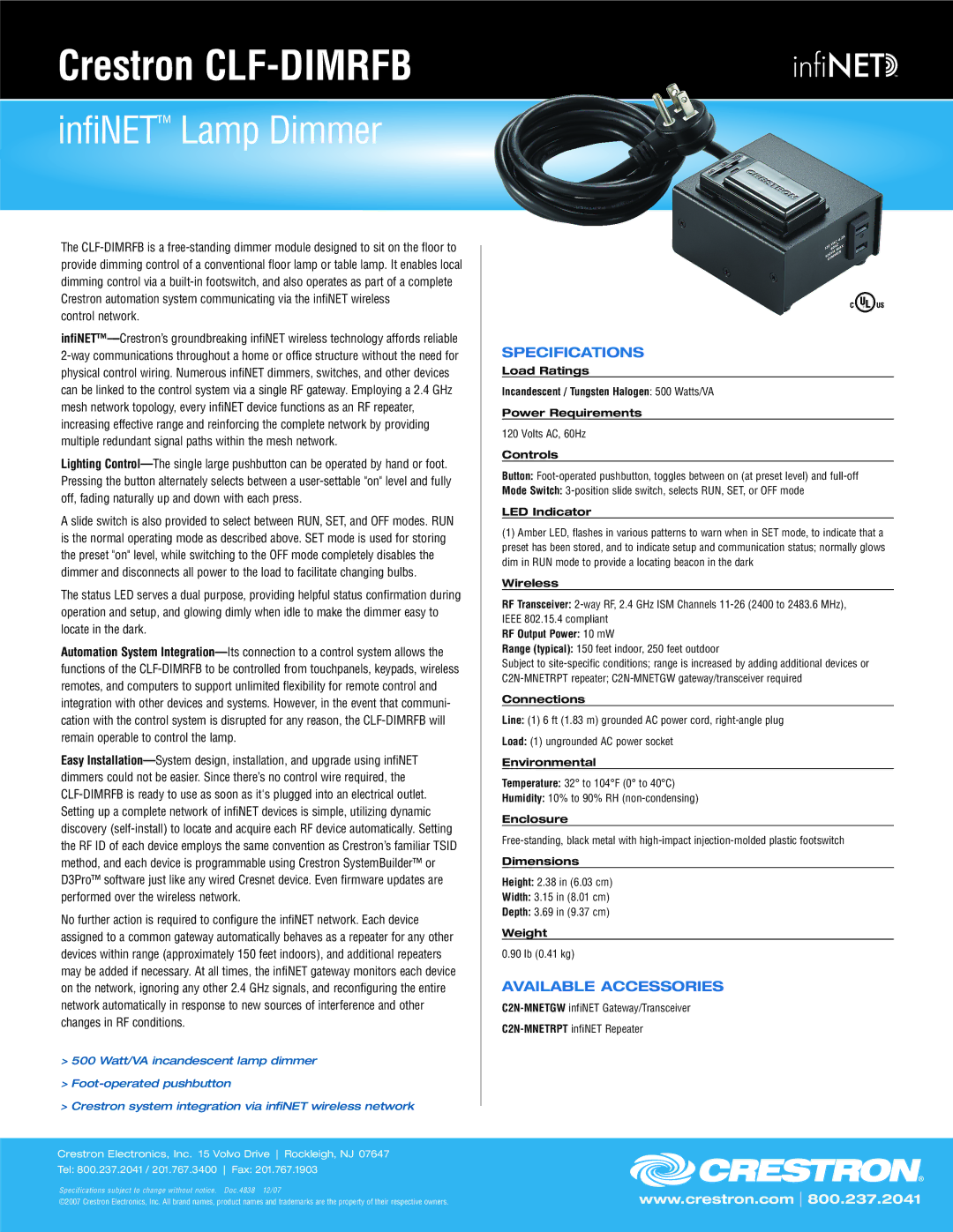 Crestron electronic CLF-DIMRFB specifications Controls, LED Indicator, Wireless, RF Output Power 10 mW, Connections 