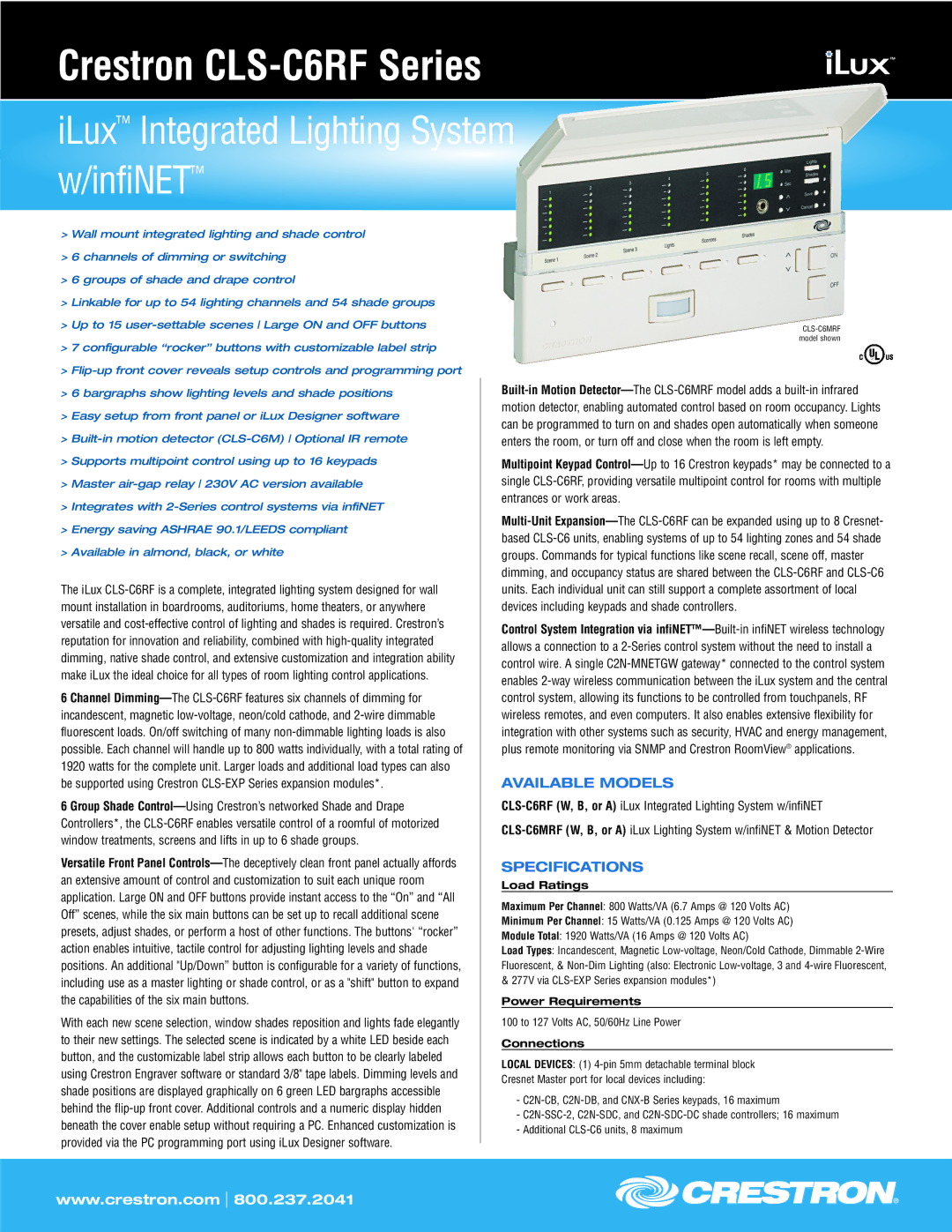 Crestron electronic CLS-C6RF Series specifications Load Ratings, Power Requirements, Connections 