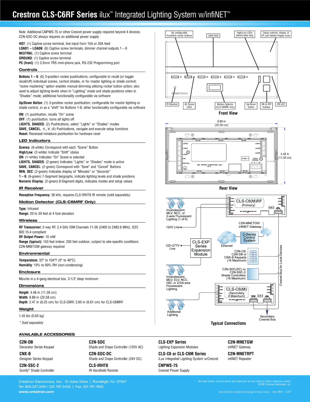 Crestron electronic CLS-C6RF Series specifications C2N-DB C2N-SDC, CNX-B C2N-SDC-DC, C2N-SSC-2 CLS-IRHT8 CNPWS-75 