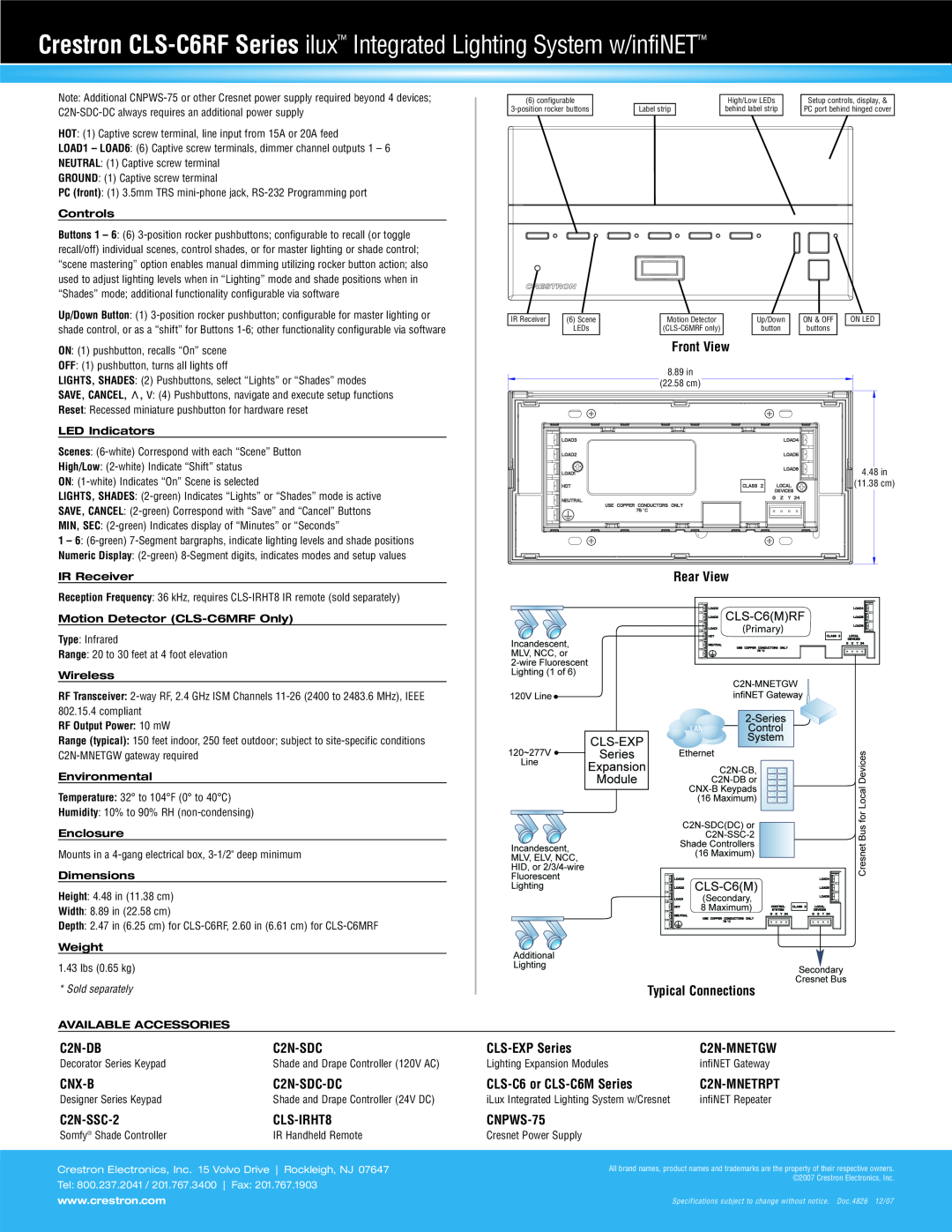 Crestron electronic CLS-C6RF Series specifications Front View 