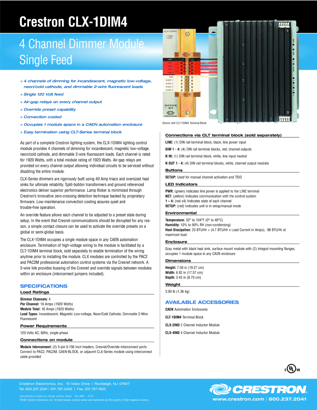 Crestron electronic CLX-1DIM4 specifications Specifications, Available Accessories 