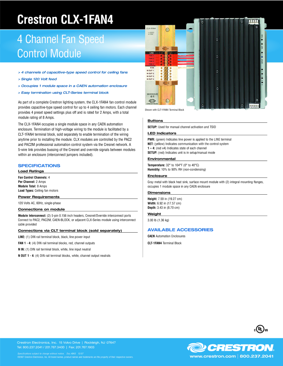 Crestron electronic specifications Crestron CLX-1FAN4, Channel Fan Speed Control Module, Specifications 