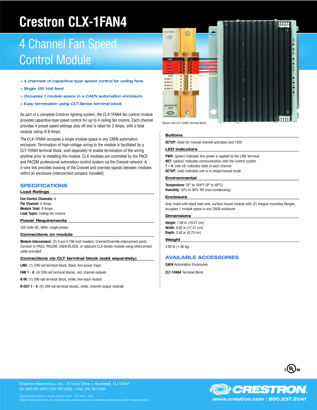 Crestron electronic specifications Crestron CLX-1FAN4, Channel Fan Speed Control Module, Specifications, l Fax 