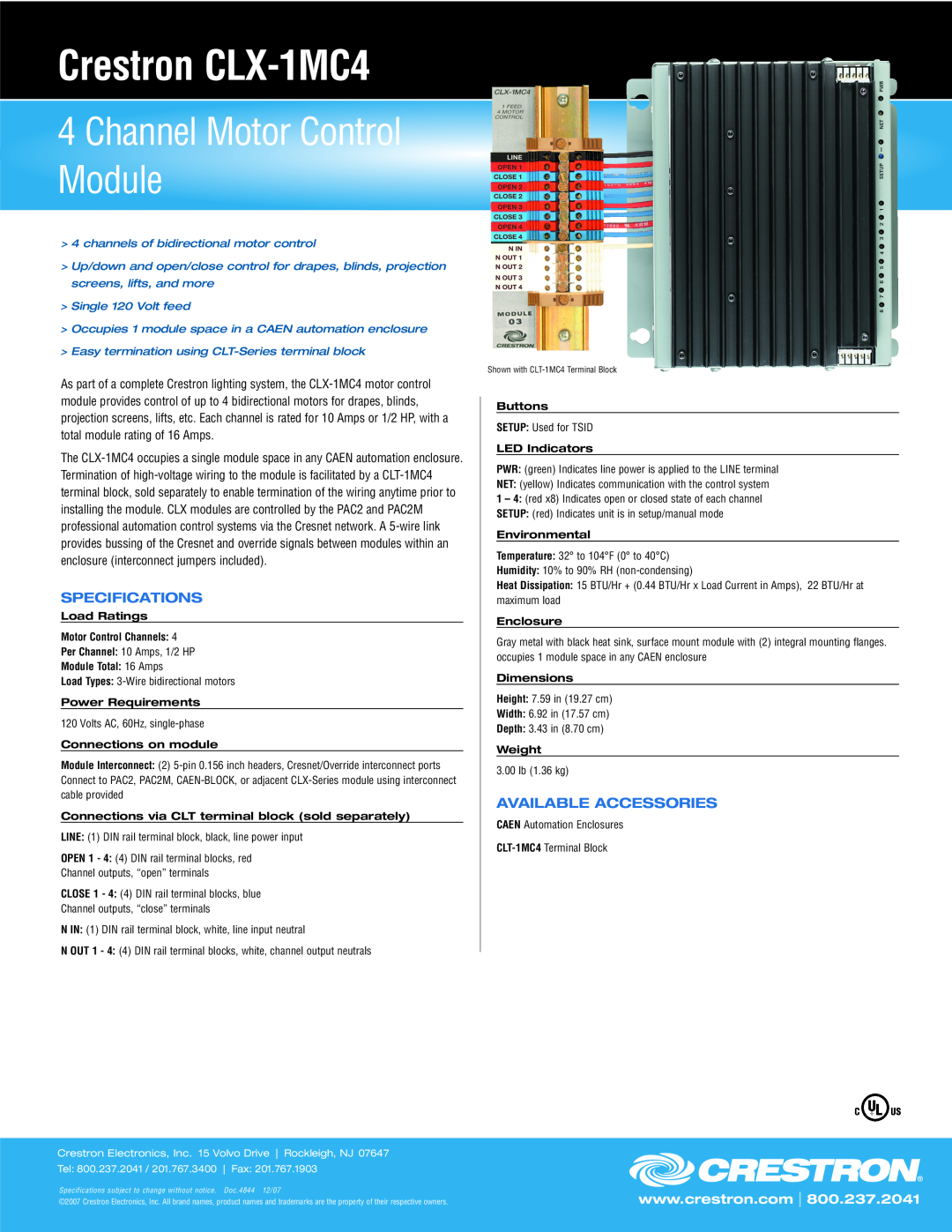 Crestron electronic specifications Crestron CLX-1MC4, Channel Motor Control Module, Specifications 