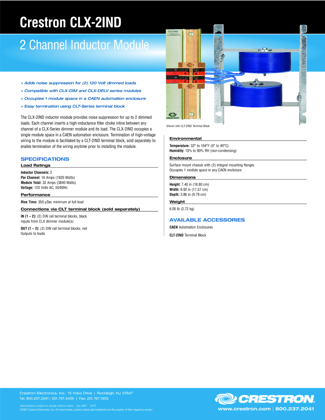 Crestron electronic specifications Crestron CLX-2IND, Channel Inductor Module, Specifications, Available Accessories 