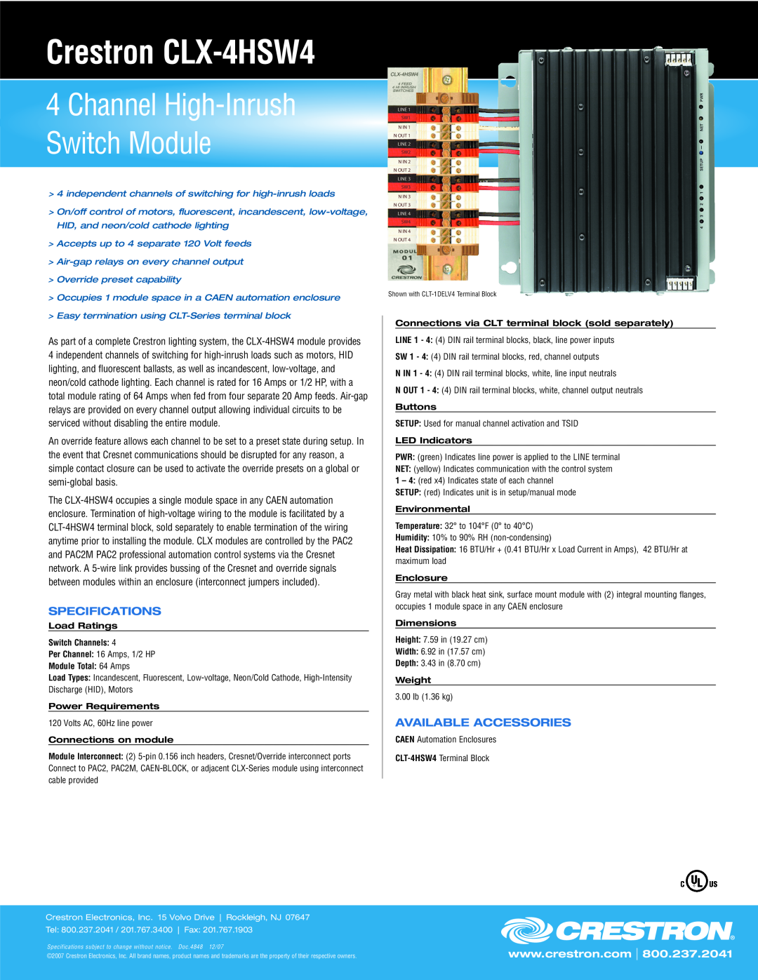 Crestron electronic specifications Crestron CLX-4HSW4, Channel High-Inrush Switch Module, Specifications, l Fax 