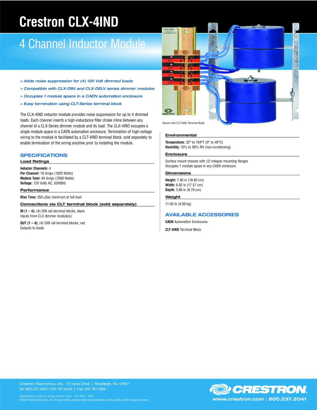 Crestron electronic specifications Crestron CLX-4IND, Channel Inductor Module, Specifications, Available Accessories 
